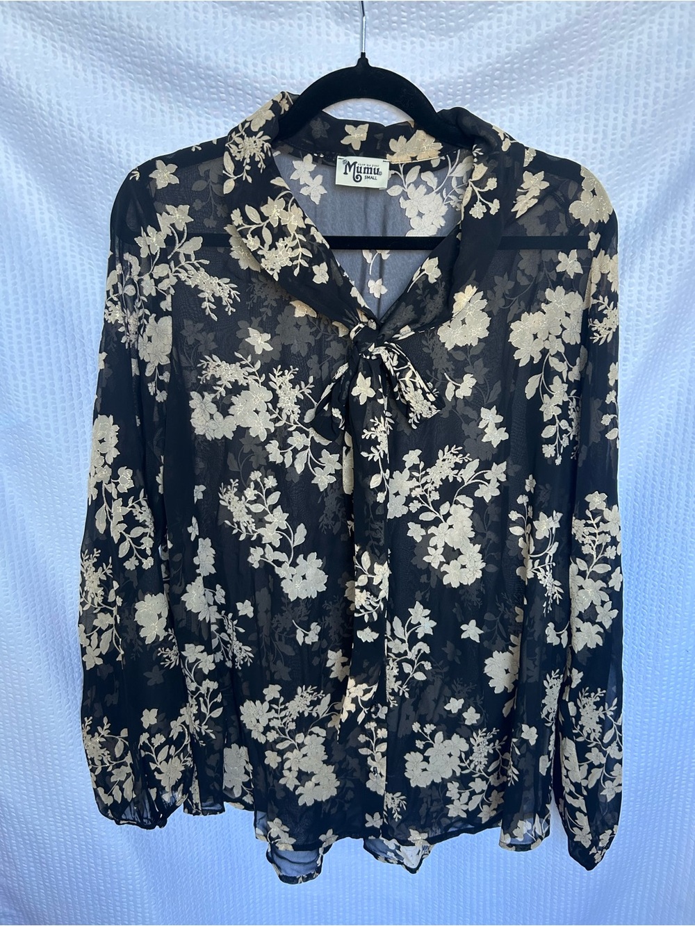 Show Me Your MuMu Black & Cream Floral Sheer Tie-Neck Blouse Size Small